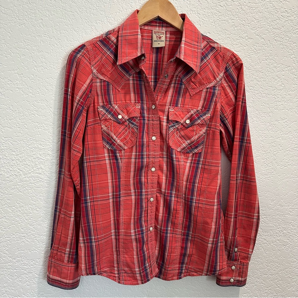 True Religion S-M Red and Blue Plaid Country Western Cowgirl Shirt Pearl Snaps